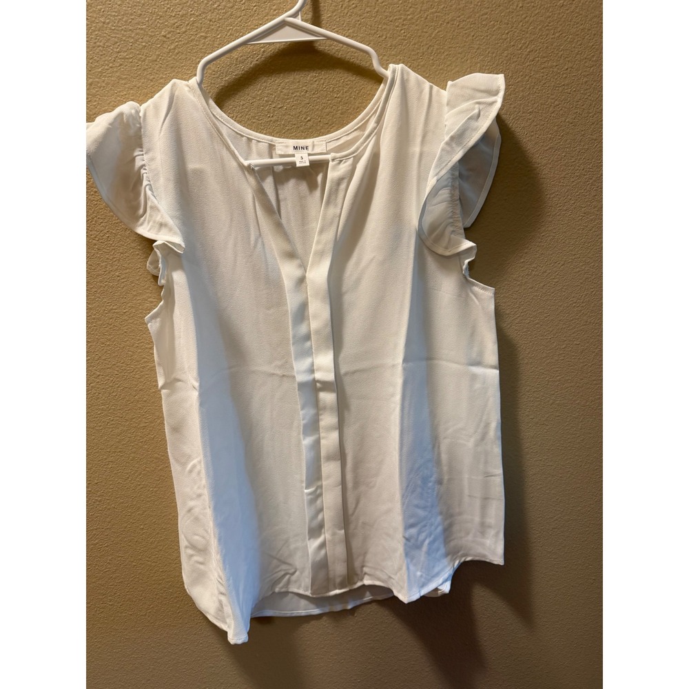 Mine White Ruffle Cap Sleeve Split V-Neck Blouse Top TB8470 Womens Small